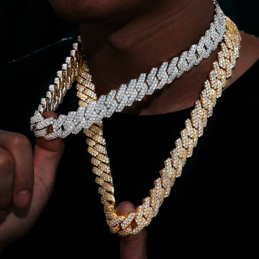 Miami Cuban Link Necklace, 2-Rows VVS Moissanite Diamond Chain, Big Gug Gold Plated & 925 Sterling Silver For Mend