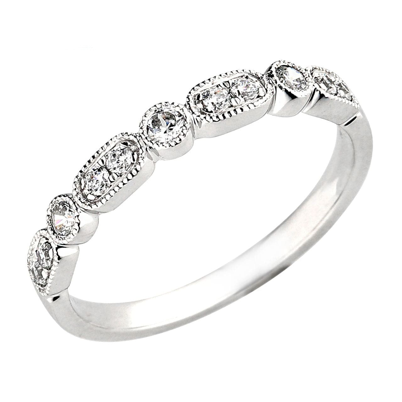 Vintage 18K White Gold Round Diamond Anniversary Band Milgrain Ring For Women