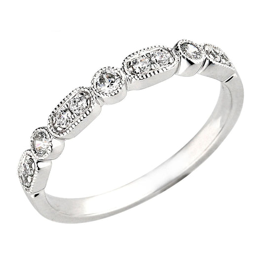 Vintage 18K White Gold Round Diamond Anniversary Band Milgrain Ring For Women