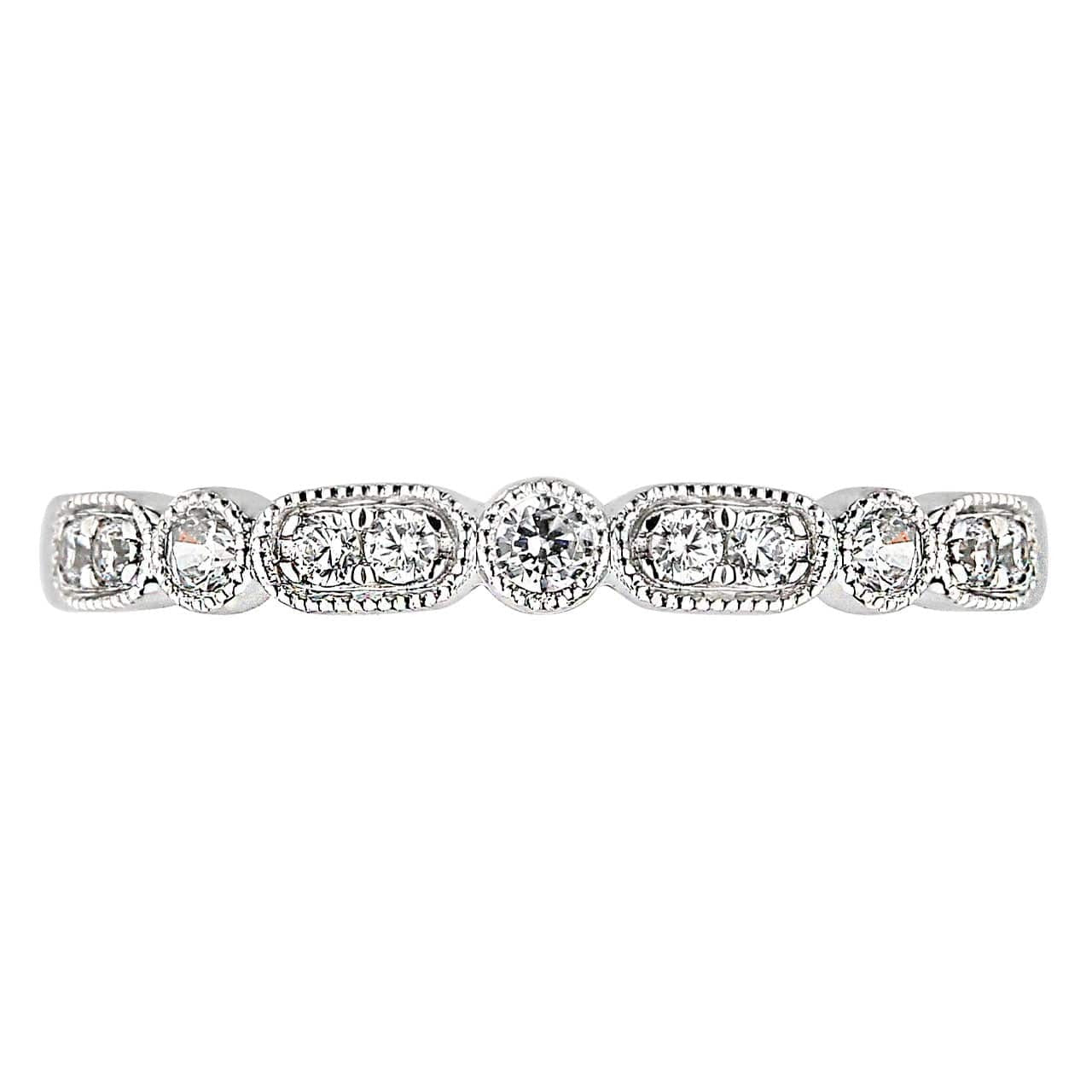 Vintage 18K White Gold Round Diamond Anniversary Band Milgrain Ring For Women