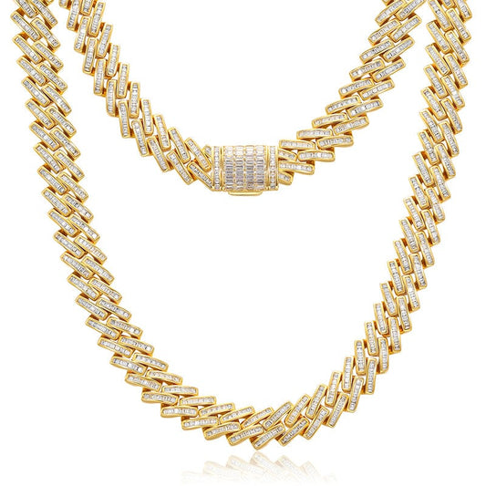 20inches / Gold Drop Shipping Hip Hop 14mm 925 Sterling Silver Baguette Moissanite Diamond Cuban Link Chain Necklace
