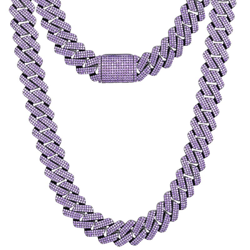 20inches / Purple Drop Shipping New Color Scheme 19mm Gold Plated Purple CZ Diamond Miami Cuban Link Chain Necklace For Men Women