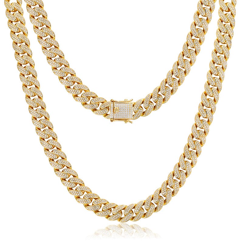 Chains 16inches / Gold Drop Shipping 2022 New Fashion Jewelry 12mm 18K Gold Plated Zircon Iced Out Miami Cuban Link Chain Necklace