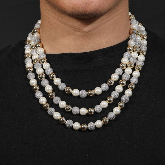 Gold Plated Pearl Bead Chains-  Brass Zircon Imitation Hip Hop Jewelry, Miami Cuban Link Chain