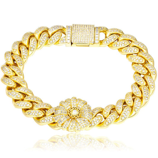 Drop Shipping Hip Hop Jewelry Iced Out White Gold Plated 12mm Flower Cuban Link Ankle Bracelet For Women