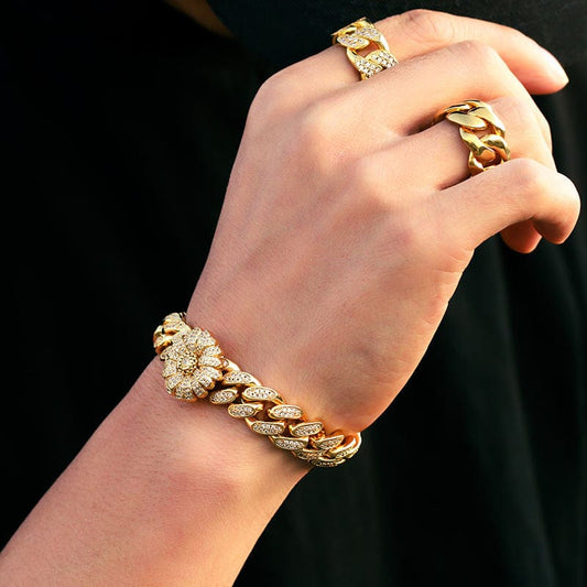 White Flower Gold Plated  - Miami Cuban Link Hiphop Chain - Ankle Cuban Chain Bracelets
