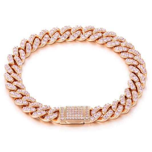 Drop Shipping Pulsera Bileklik Luxury Rose Gold Plated 8mm Pink Zircon Cuban Link Bracelet Women Lab Diamond Bracelet