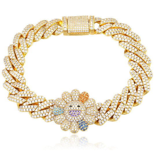 Drop Shipping Pulsera Fashion Jewelry 18K Gold Plated Flower Bracelet Iced Out Zircon Diamond Cuban Link Bracelet