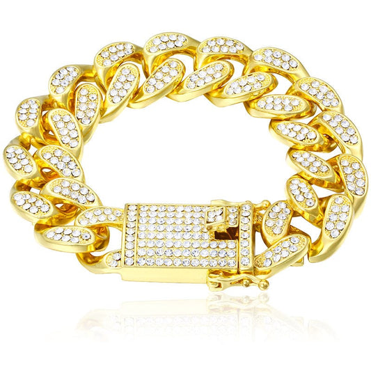 Drop Shipping Pulsera Luxury 18K Gold Plated Ankle Bracelet Iced Out Zircon Crystal 19mm Thick Cuban Link Bracelet