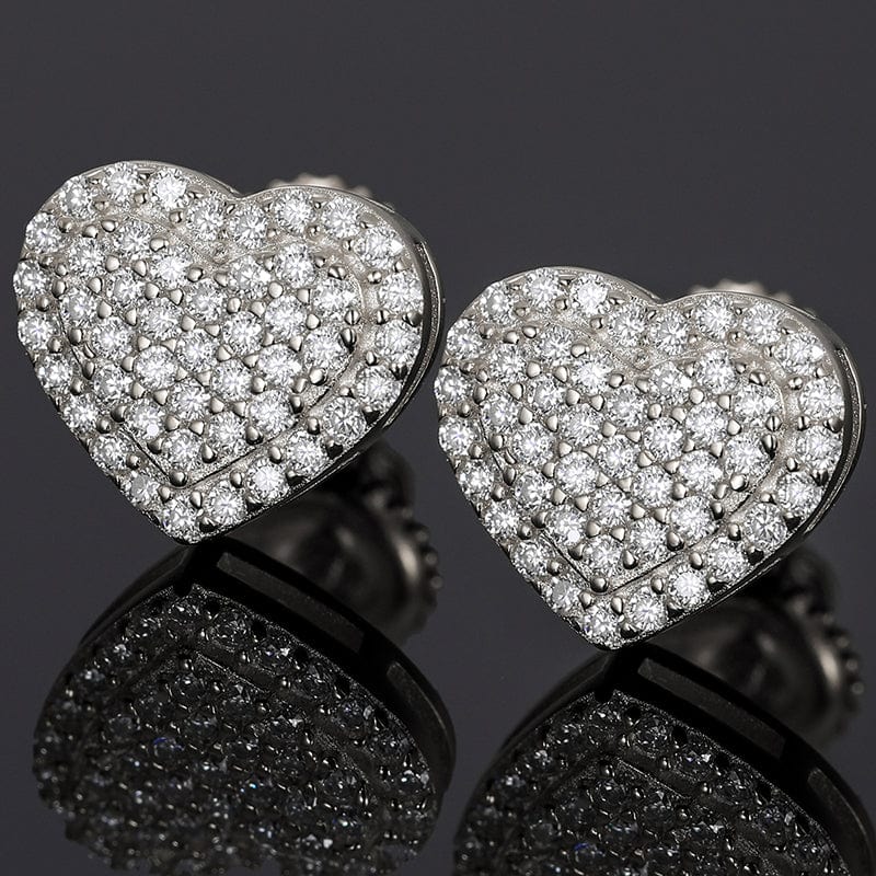 14K White Gold Plated Heart Stud Earrings-  Micro Pave Moissanite Diamond