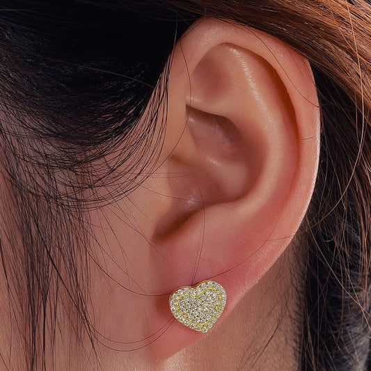 14K White Gold Plated Heart Stud Earrings-  Micro Pave Moissanite Diamond