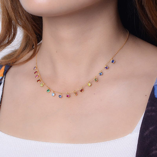 Multi-Colors Cubic Zirconia Chocker  - 925 Sterling Silver Chain