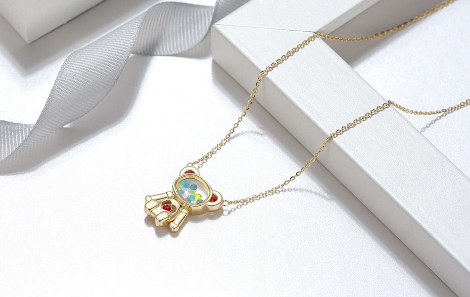 18inches / Gold - Movable Suspension CZs Charm Bear Necklace - 925 Silver 14K Gold Plated Necklace