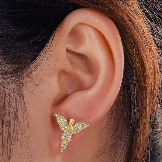 18K Gold Plated Little Angel Earrings - VVS Moissanite  Diamond Studs Earring, Iced Out Hiphop Jewelry