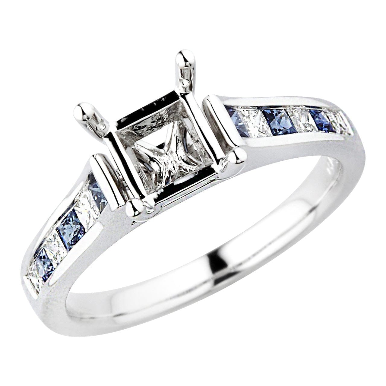 18K White Gold Blue Sapphire Diamond Square Mounting Ring