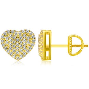 Gold 14K White Gold Plated Heart Stud Earrings-  Micro Pave Moissanite Diamond