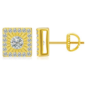 Gold 925 Sterling Silver Stud Earring -  14k Yellow Gold Square Shape - Moissanite Diamond