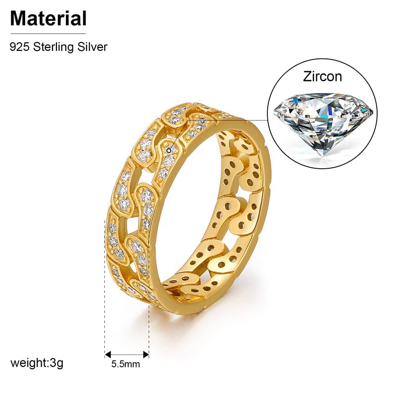 Gold Filled Pure Silver Cuban Link Ring - Iced Out CZ Diamond
