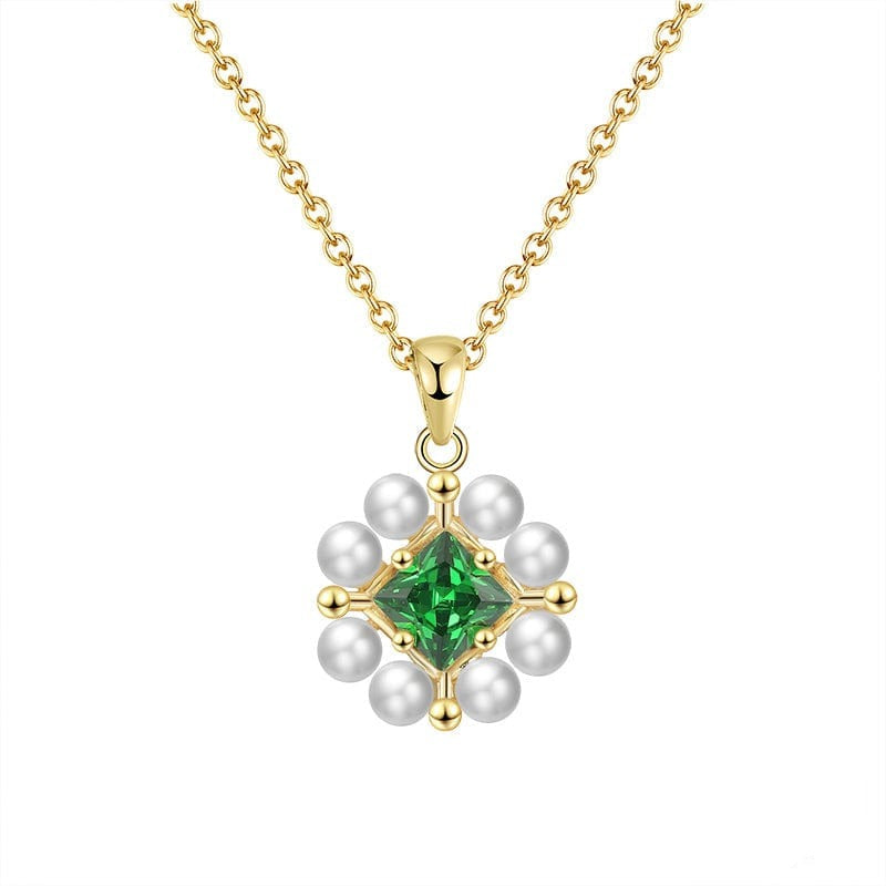 Green / 18inches 925 Sterling Silver Jewelry - Pearl Pendant Gold Plated Necklace