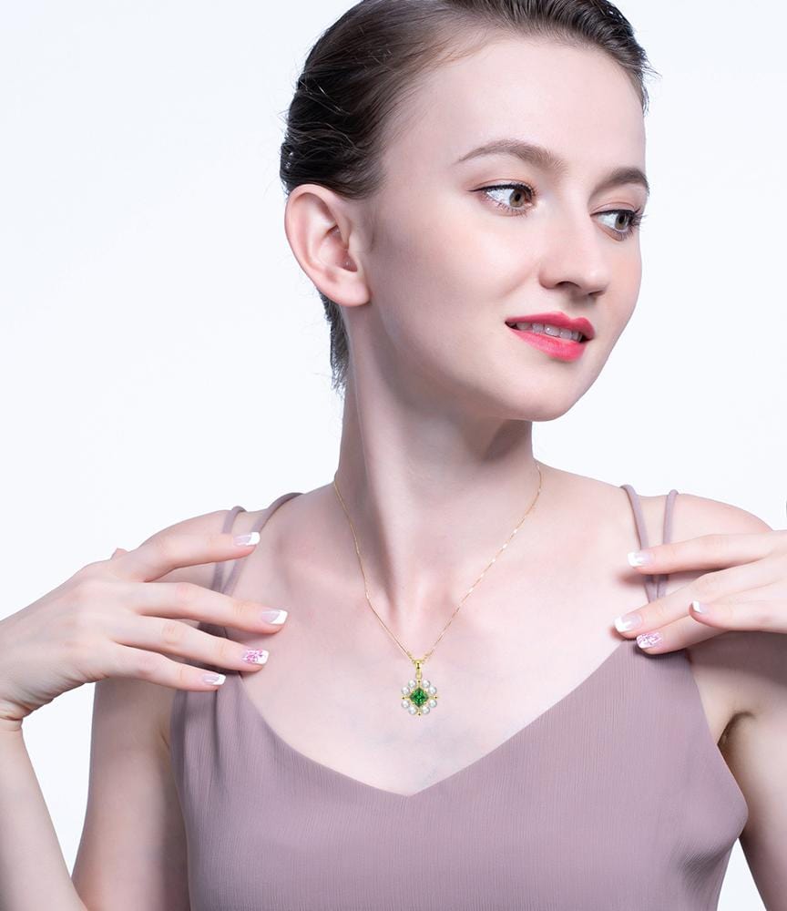 Green / 18inches 925 Sterling Silver Jewelry - Pearl Pendant Gold Plated Necklace