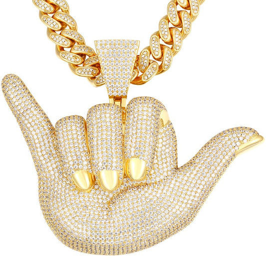 Iced Out Bling Gold Plated Zircon Luxury 666 Gesture Statement Charm Pendant With Tennis Chain
