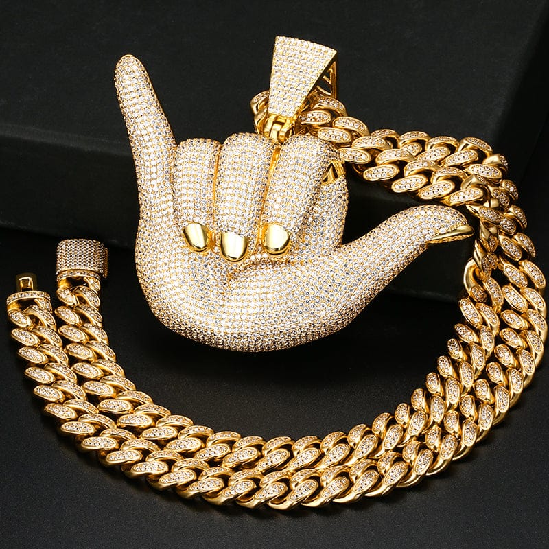 Iced Out Bling Gold Plated Zircon Luxury 666 Gesture Statement Charm Pendant With Tennis Chain