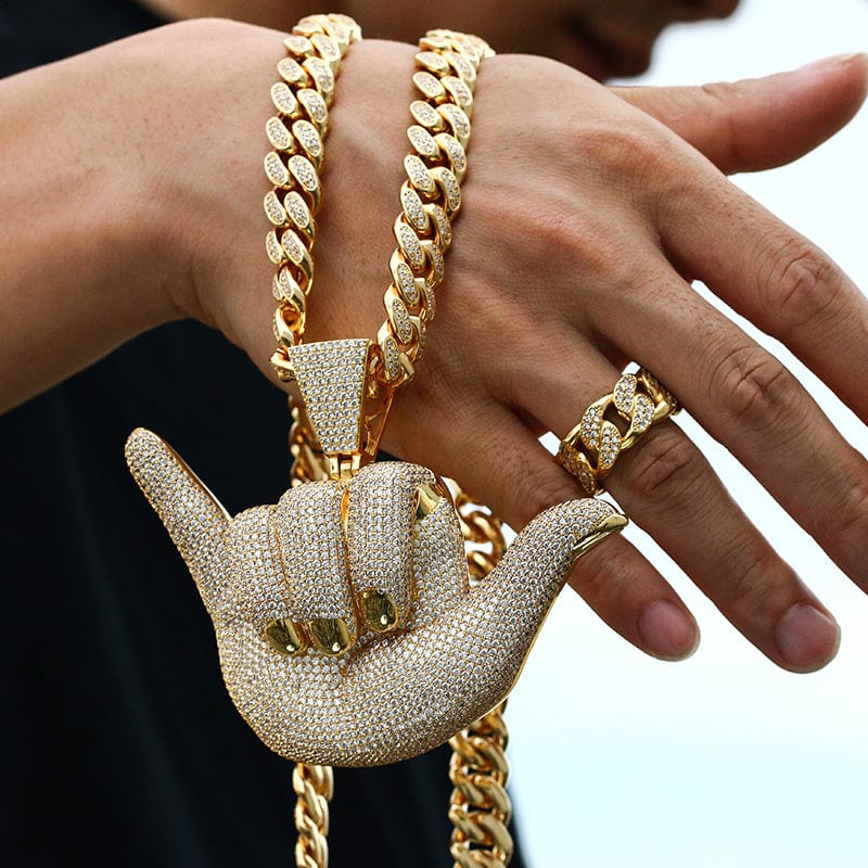 Iced Out Bling Gold Plated Zircon Luxury 666 Gesture Statement Charm Pendant With Tennis Chain