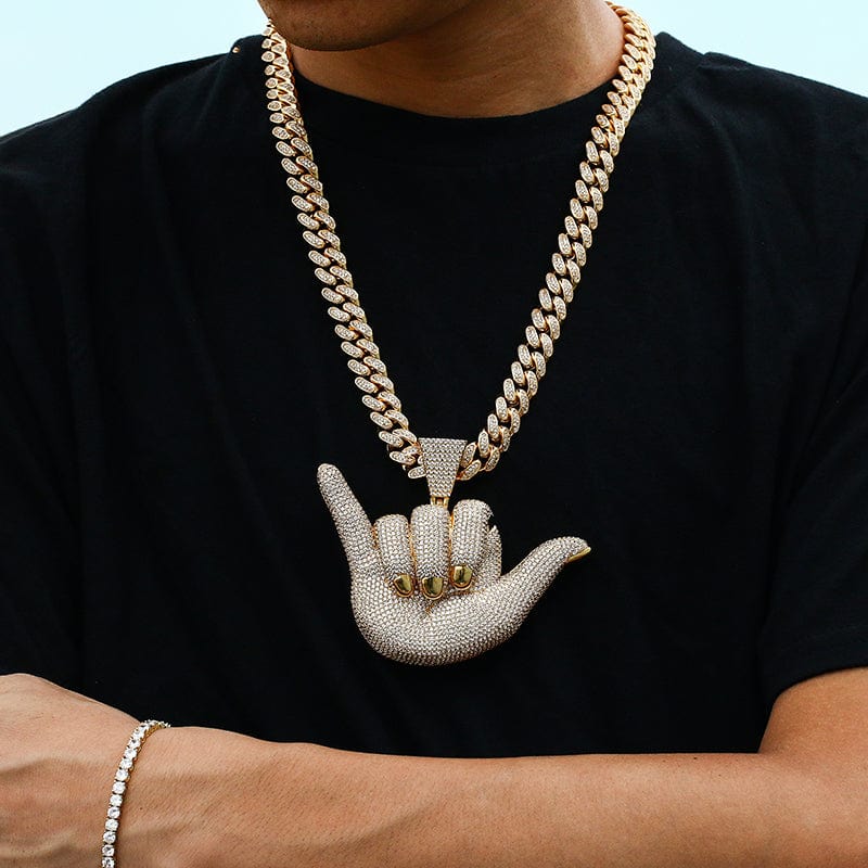 Iced Out Bling Gold Plated Zircon Luxury 666 Gesture Statement Charm Pendant With Tennis Chain