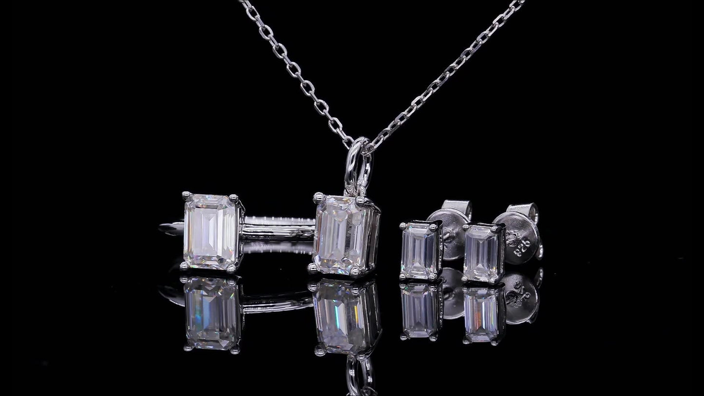 Jewelry 925 Sterling Silver Wedding Set - Moissanite Emerald Cut  Necklace