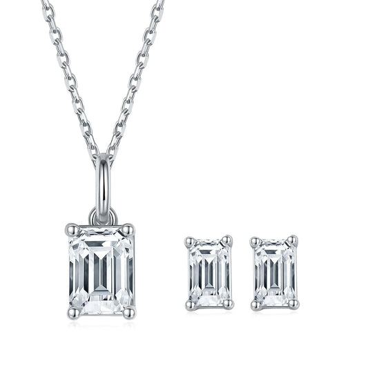 925 Sterling Silver Wedding Set - Moissanite Emerald Cut Necklace