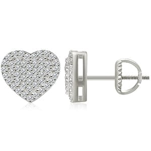 Silver 14K White Gold Plated Heart Stud Earrings-  Micro Pave Moissanite Diamond