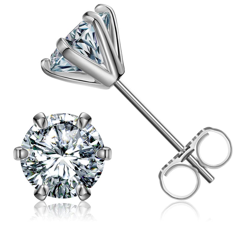 White Gold Gold Plated Stud Earrings -Six Prong 925 Sterling Silver - 6.5mm 1ct D Color VVS Moissanite Diamond