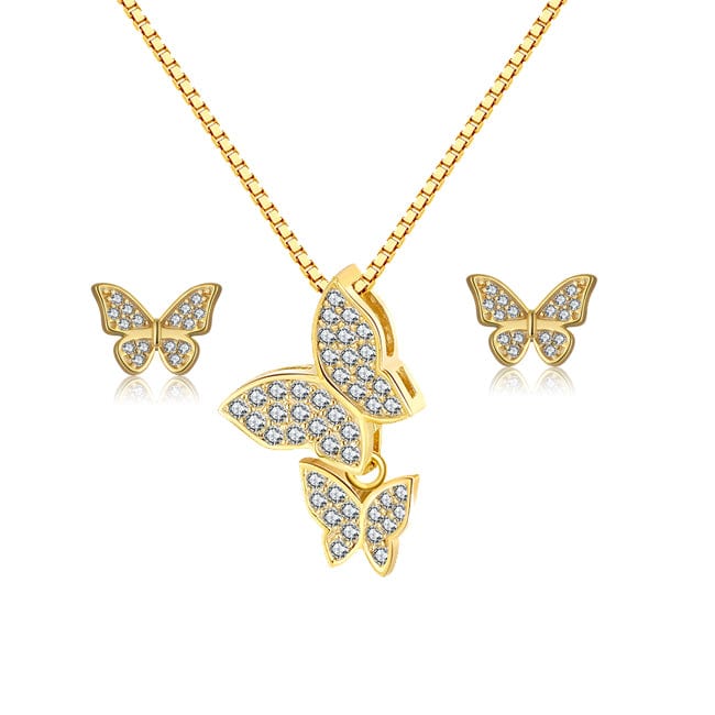  14k Gold Plated 925 Sterling Silver Butterfly Necklace Earrings Jewelry Set for Women