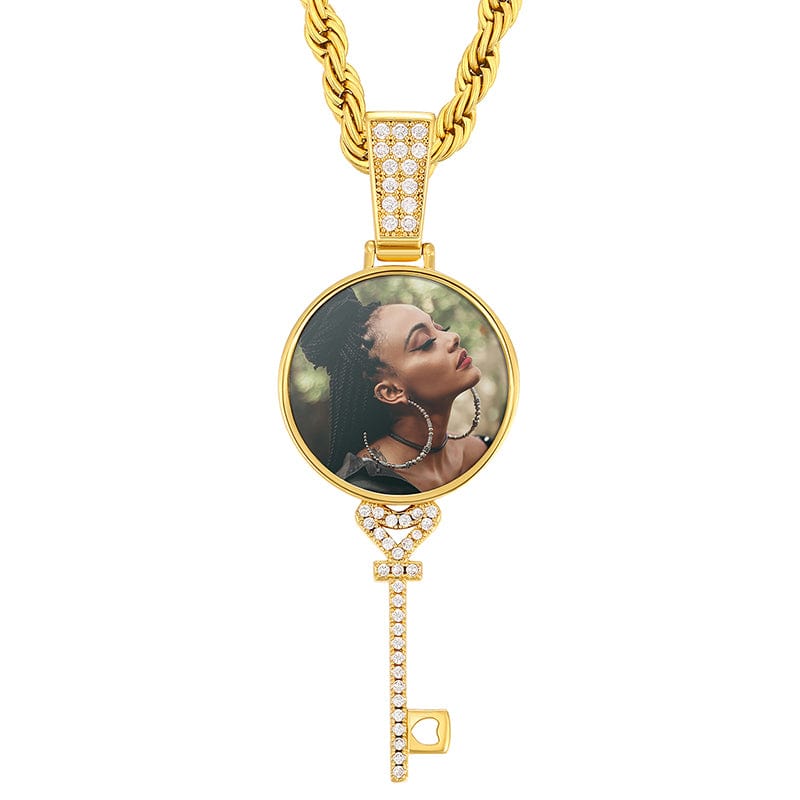 14K 18K Gold Plated Zircon Picture Pendant Key Shape Custom Photo Pendant