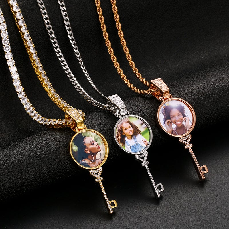14K 18K Gold Plated Zircon Picture Pendant Key Shape Custom Photo Pendant