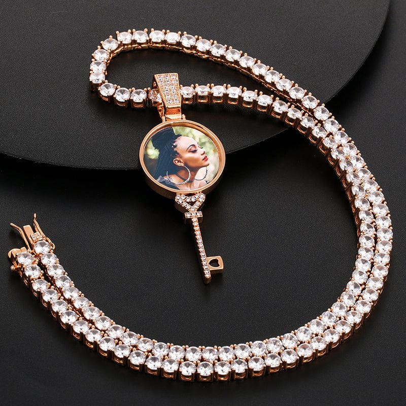 14K 18K Gold Plated Zircon Picture Pendant Key Shape Custom Photo Pendant