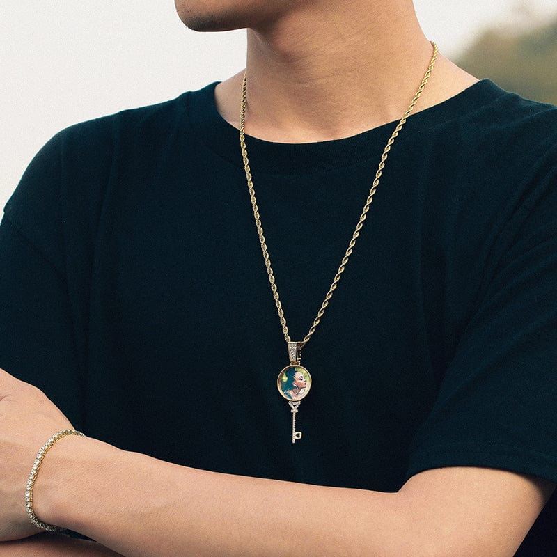 14K 18K Gold Plated Zircon Picture Pendant Key Shape Custom Photo Pendant
