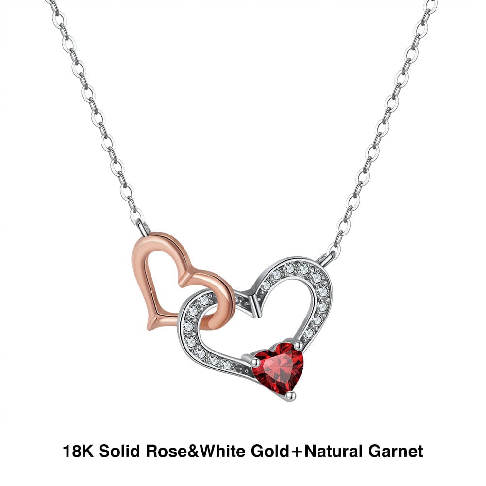 18+2 inches / EN35-R (18K) Pure Gold Natural Garnet  Necklace - Mossianite Diamonds Double Heart Pendant