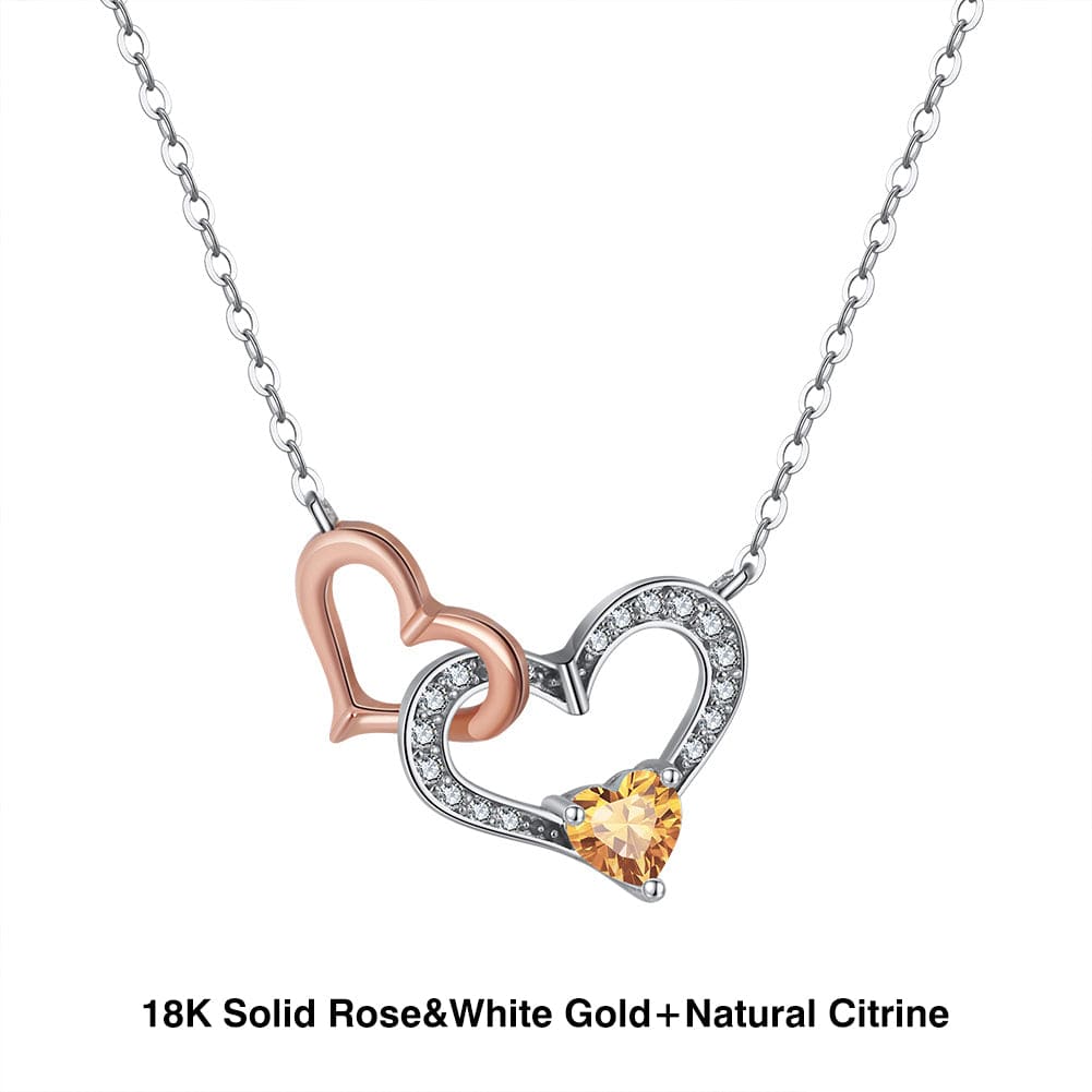 18+2 inches / EN35-Y (18K) Pure Gold Natural Garnet  Necklace - Mossianite Diamonds Double Heart Pendant
