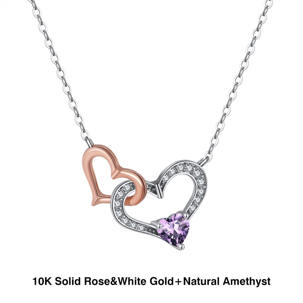 18+2 inches / FN35-P (10K) Pure Gold Natural Garnet  Necklace - Mossianite Diamonds Double Heart Pendant