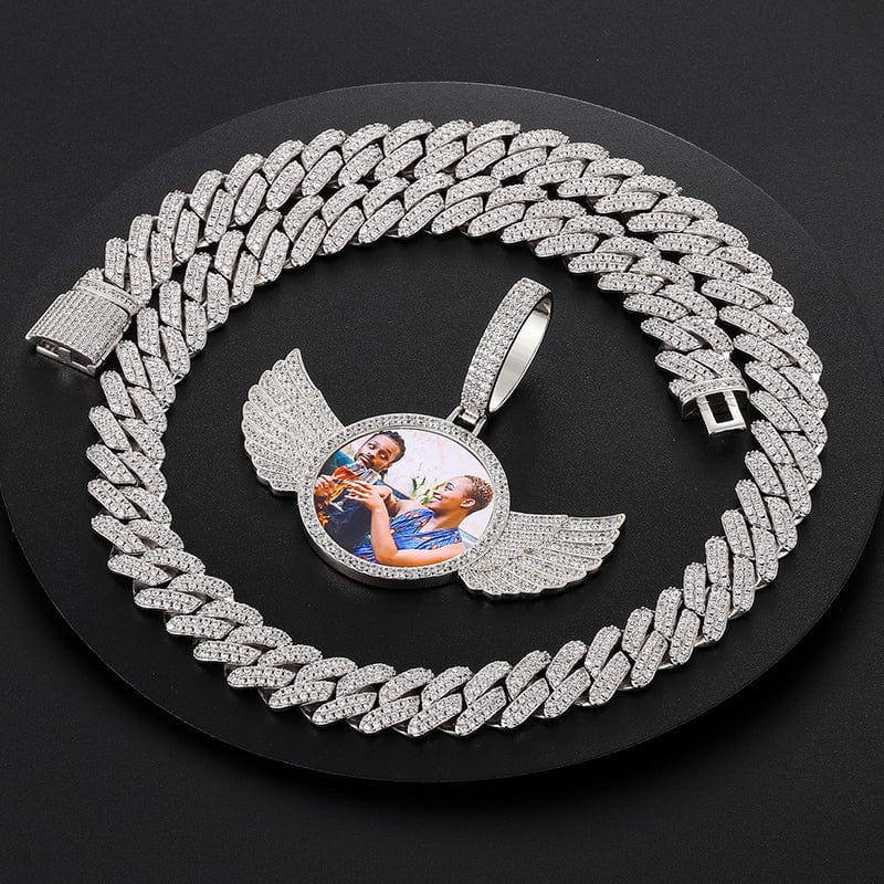 18inches / 397+845-silver Drop Shipping Hip Hop Jewelry Sets Luxury 18K Gold Plated Custom Photo Wing Pendant With 12mm Miami Cuban Link Chain