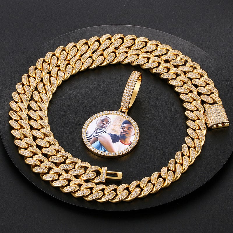 18inches / 404+797-gold Custom Photo Sublimation Blanks Pendant 12mm Luxury Miami Cuban Link Chain Necklace