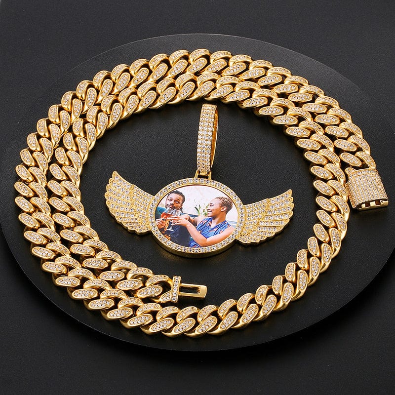 18inches / 404+845-gold Drop Shipping Hip Hop Jewelry Sets Luxury 18K Gold Plated Custom Photo Wing Pendant With 12mm Miami Cuban Link Chain
