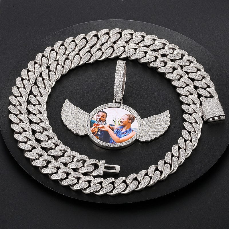 18inches / 404+845-silver Drop Shipping Hip Hop Jewelry Sets Luxury 18K Gold Plated Custom Photo Wing Pendant With 12mm Miami Cuban Link Chain