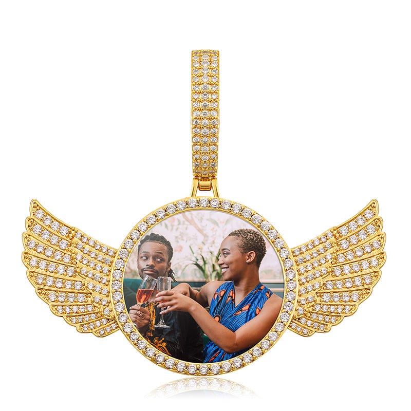 18inches / 845-gold Drop Shipping Hip Hop Jewelry Sets Luxury 18K Gold Plated Custom Photo Wing Pendant With 12mm Miami Cuban Link Chain