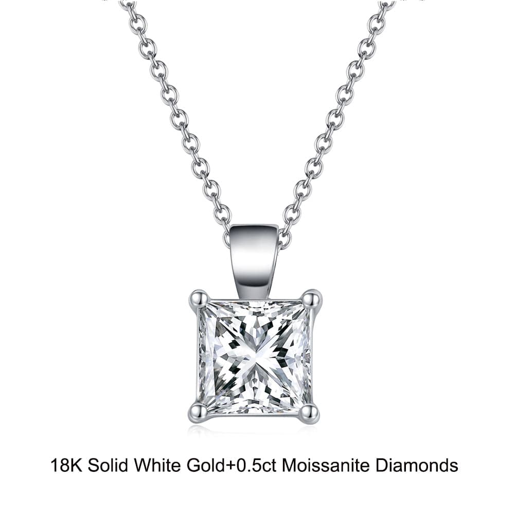 18inches / EN03-P (18K) Solid Gold Princess Necklace - 0.5 Carat Moissanite Diamond Pendant