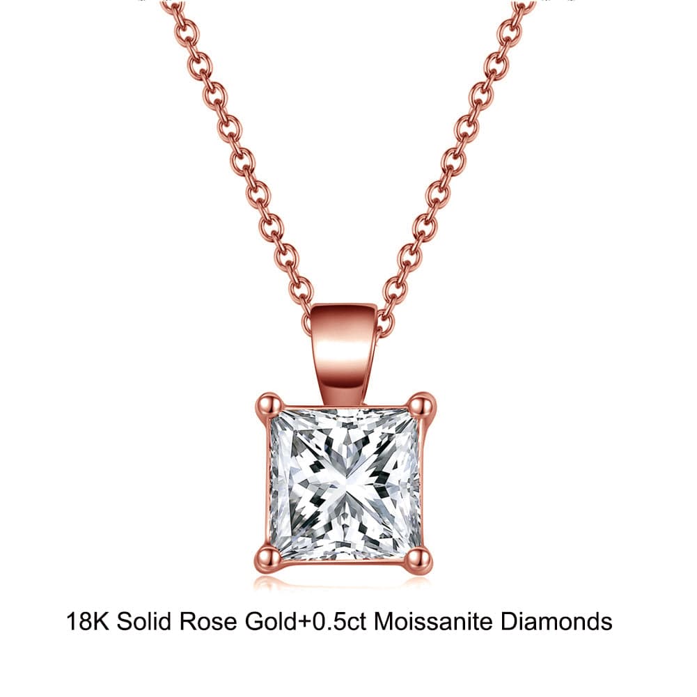 18inches / EN03-R (18K) Solid Gold Princess Necklace - 0.5 Carat Moissanite Diamond Pendant
