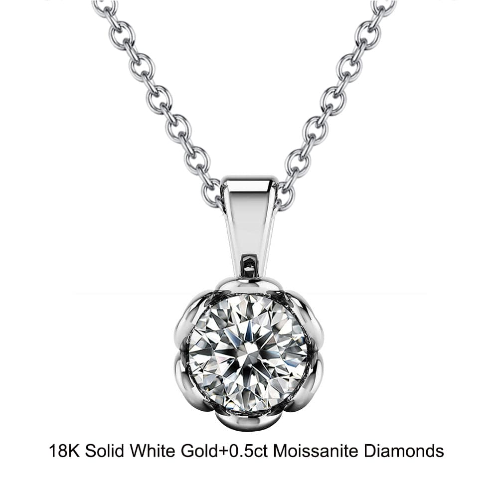 18inches / EN04-P (18K) Solid Gold Flower Pendant Necklace - 0.5ct Round Brilliant Cut Moissanite Diamond