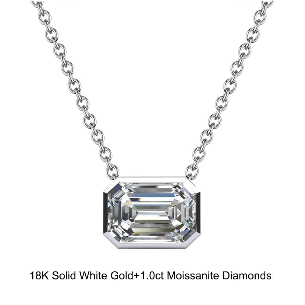 18inches / EN05-P (18K) Solid Gold Radiant Dangling Pendant Necklace - 1.0 Carat Emerald Moissanite Diamond