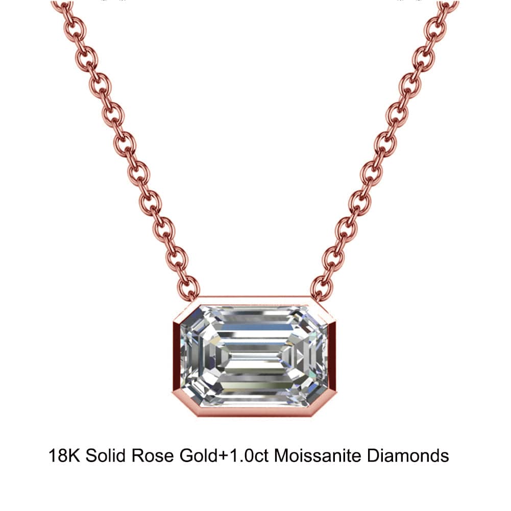 18inches / EN05-R (18K) Solid Gold Radiant Dangling Pendant Necklace - 1.0 Carat Emerald Moissanite Diamond